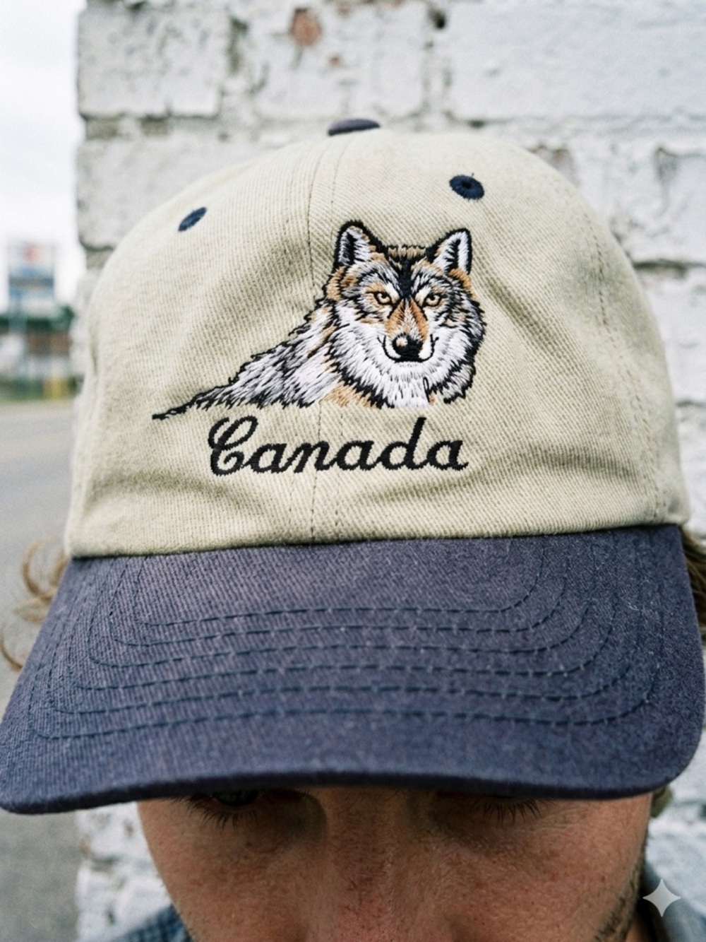 Vintage AJM International Wolf Embroidered Hat Canada Nature Dad Cap Two Tone